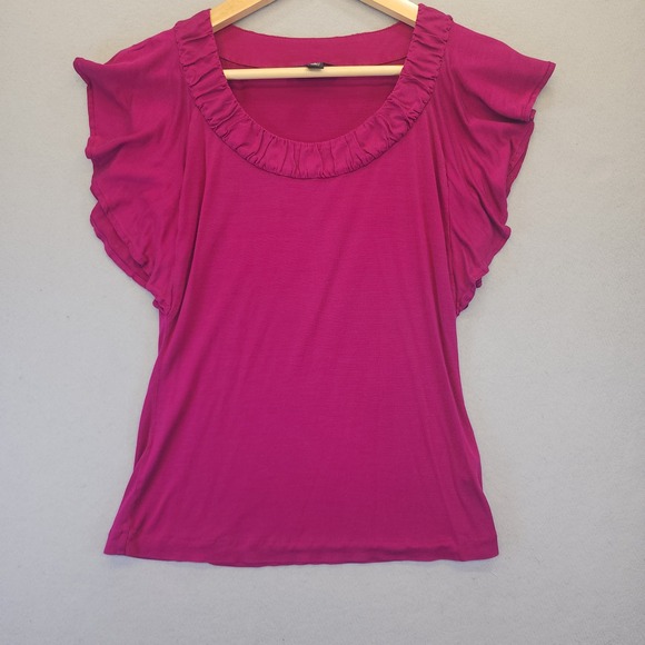 Banana Republic Tops - Banana Republic Magenta Silk Blend Flutter Sleeve Ruffle Neck Top Petite Small